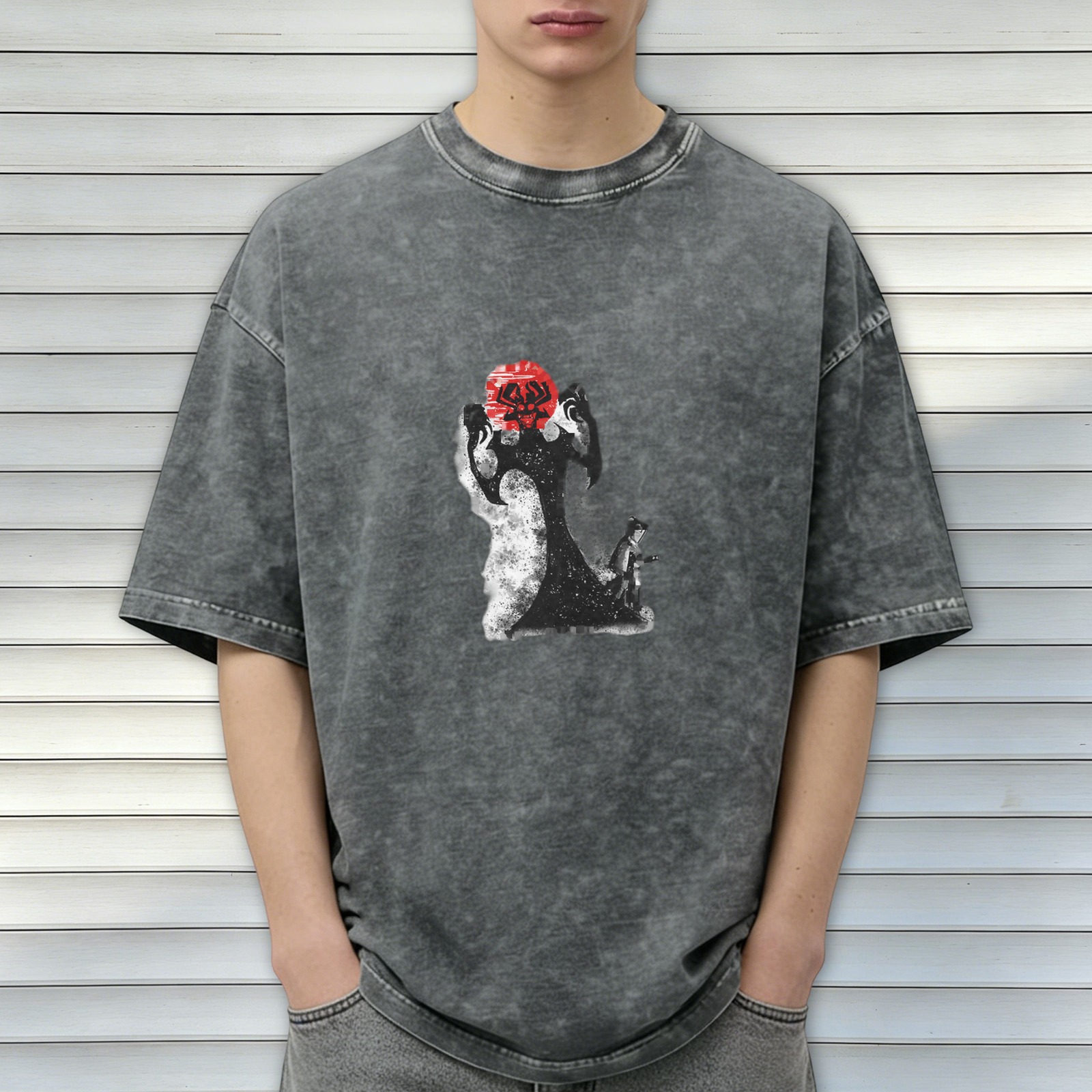 Oversized Acid Wash Graphic T-Shirt With Red Sun And Abstract Figure Print