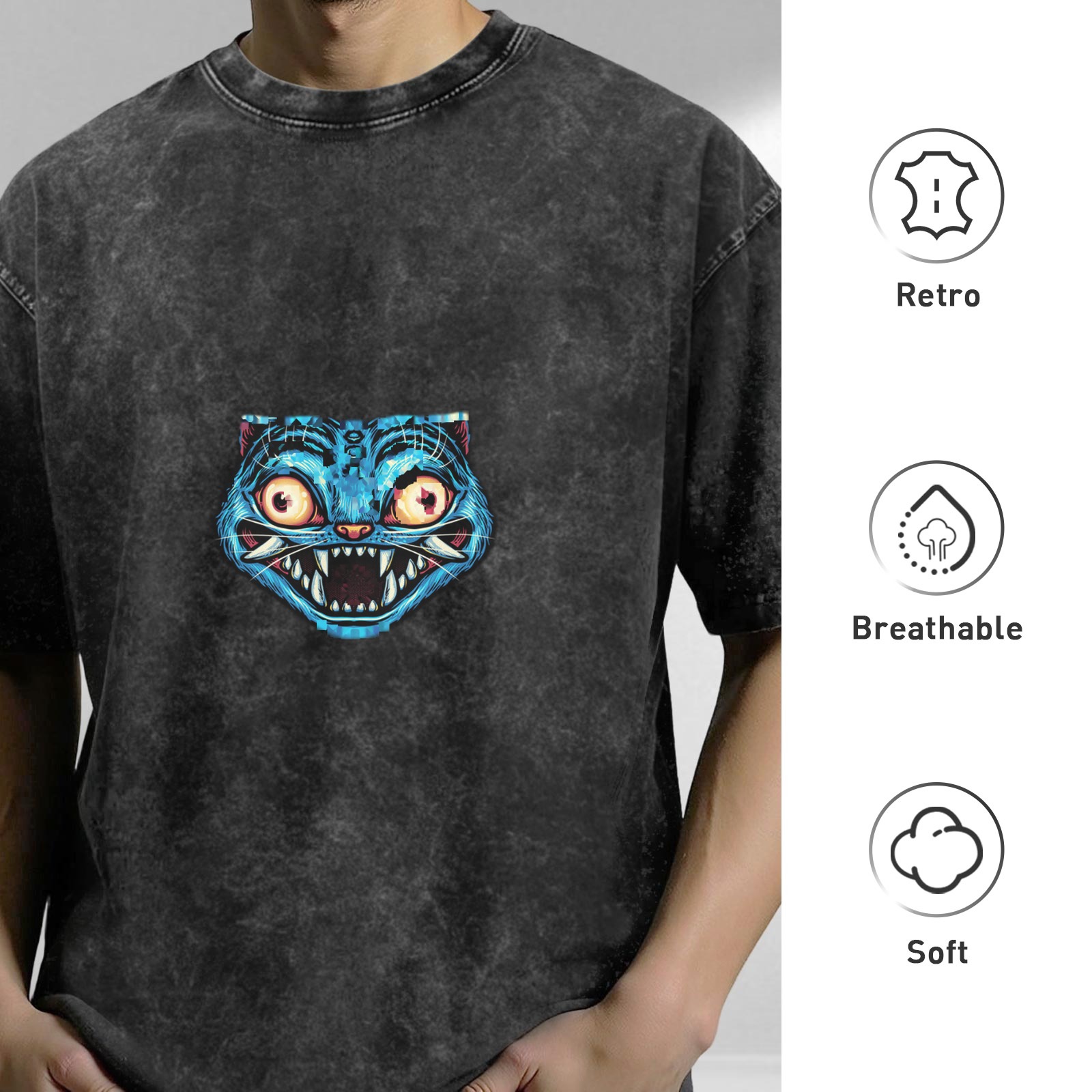 Oversized Acid Wash T-Shirt With Blue Monster Cat Graphic