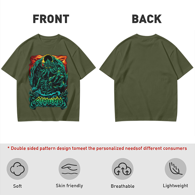 Olive Green T-Shirt With Dark Fantasy Monster Graphic Print