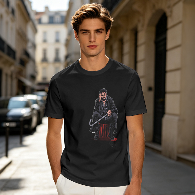Olive T-shirt with seated bearded man holding crowbar graphic