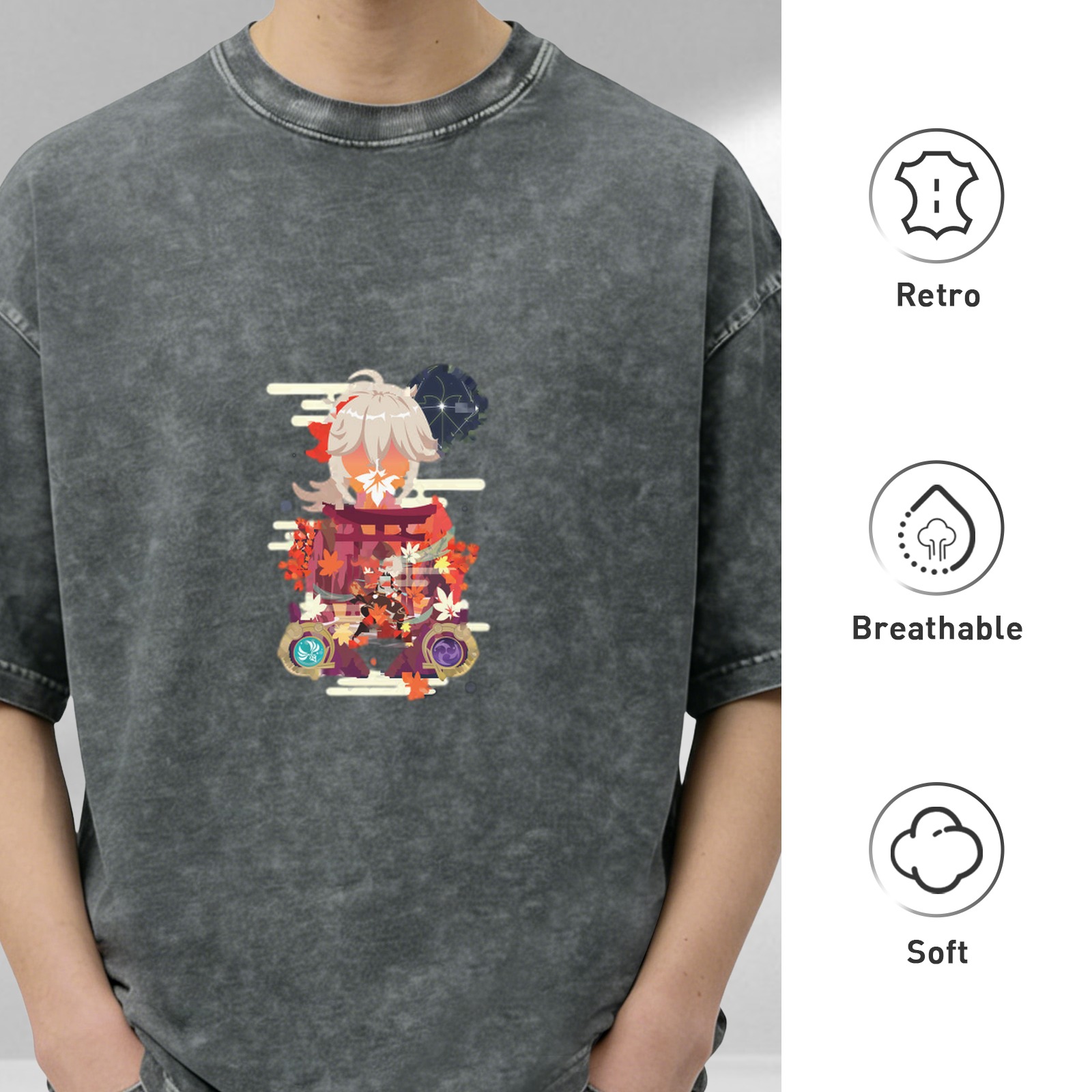 Genshin Impact Kaedehara Kazuha Graphic Washed Black T-Shirt