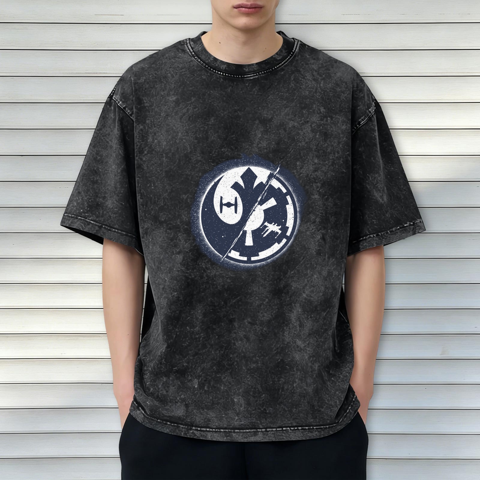 Star Wars themed acid wash short-sleeve T-shirt with Rebel and Imperial faction emblem graphic design