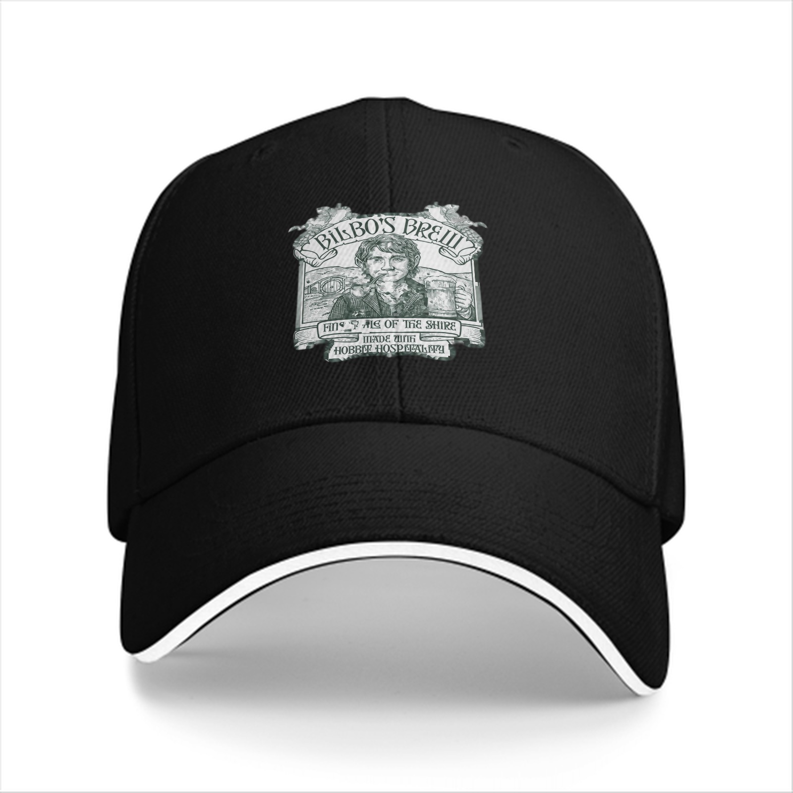 Black baseball cap with Bilbo's Brew Themed Print