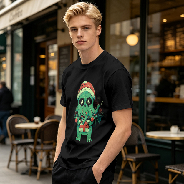 Olive Green T-Shirt With Cute Christmas Cthulhu Graphic