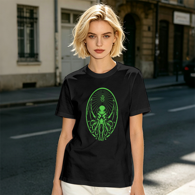 Olive Green T-Shirt With Glowing Green Cthulhu Graphic Print