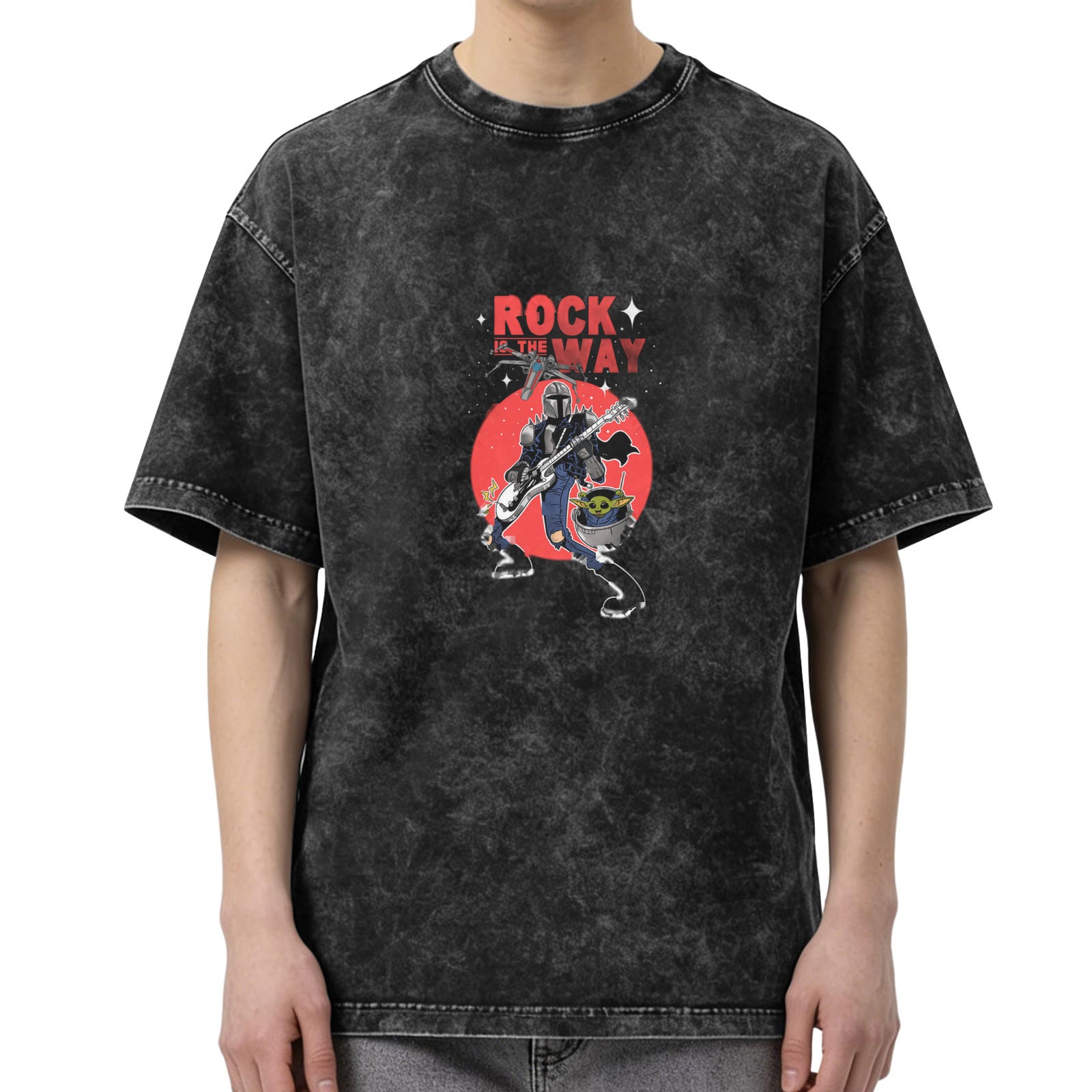 Washed black graphic t-shirt with Rock is the Way Mandalorian design