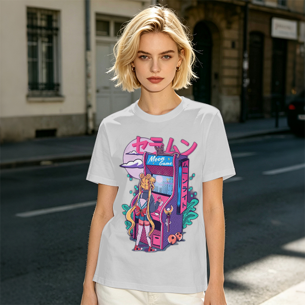 Anime girl playing moon arcade game graphic tee