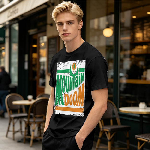 Olive T-shirt with Mountain Doom Themed Graphic Print