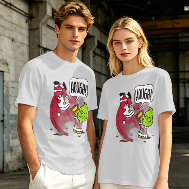 Olive Christmas T-Shirt With Grinch Lifting Santa Claus Print