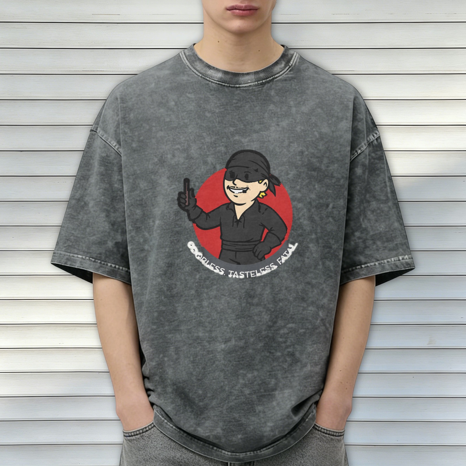 Washed black t-shirt with masked swordsman graphic and funny text