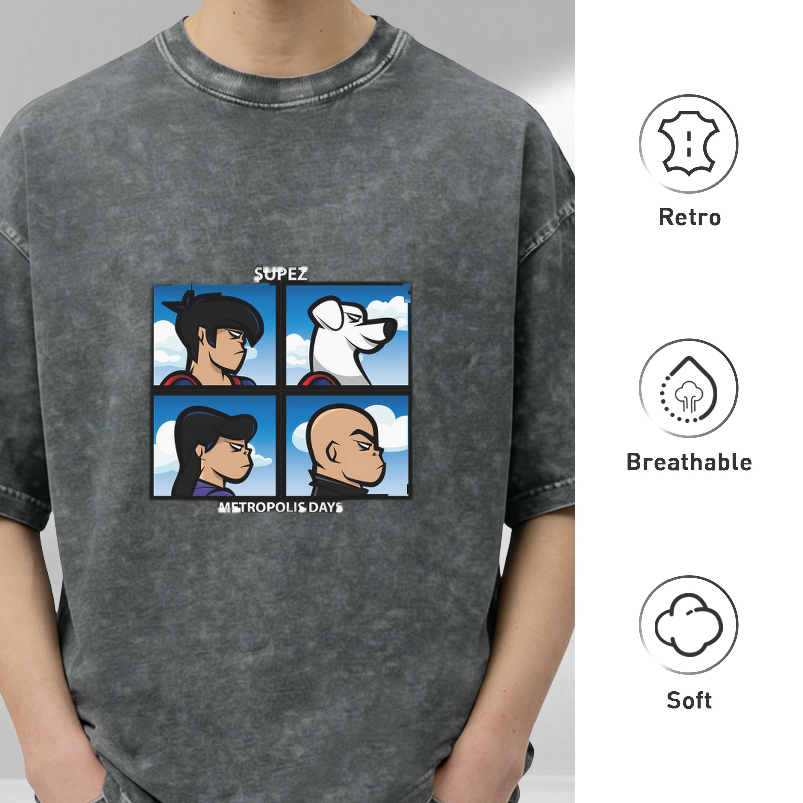 Washed Black T-Shirt With Four Panel Superhero Character Artwork