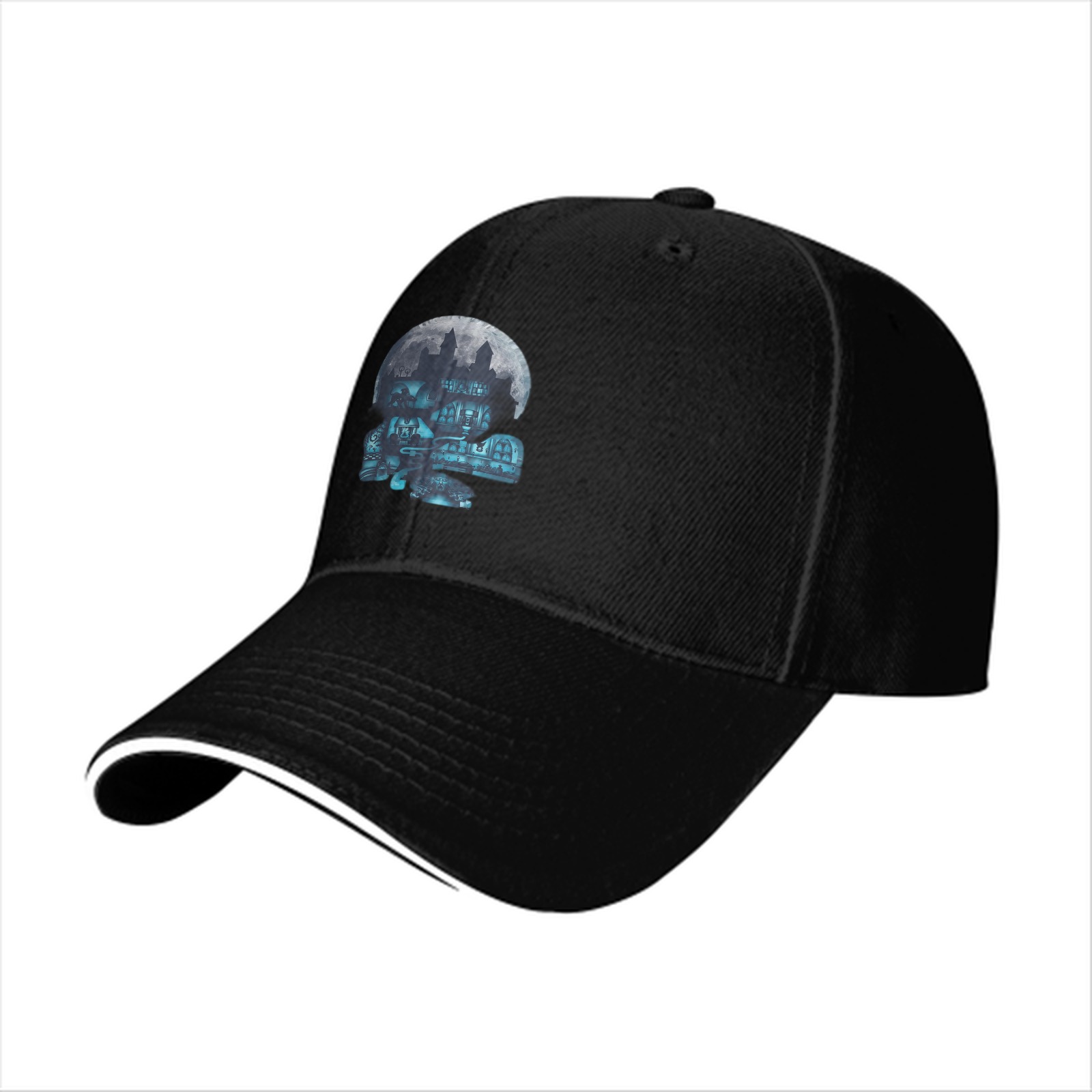 Black Baseball Cap With Haunted Mansion Skull Moon Graphic