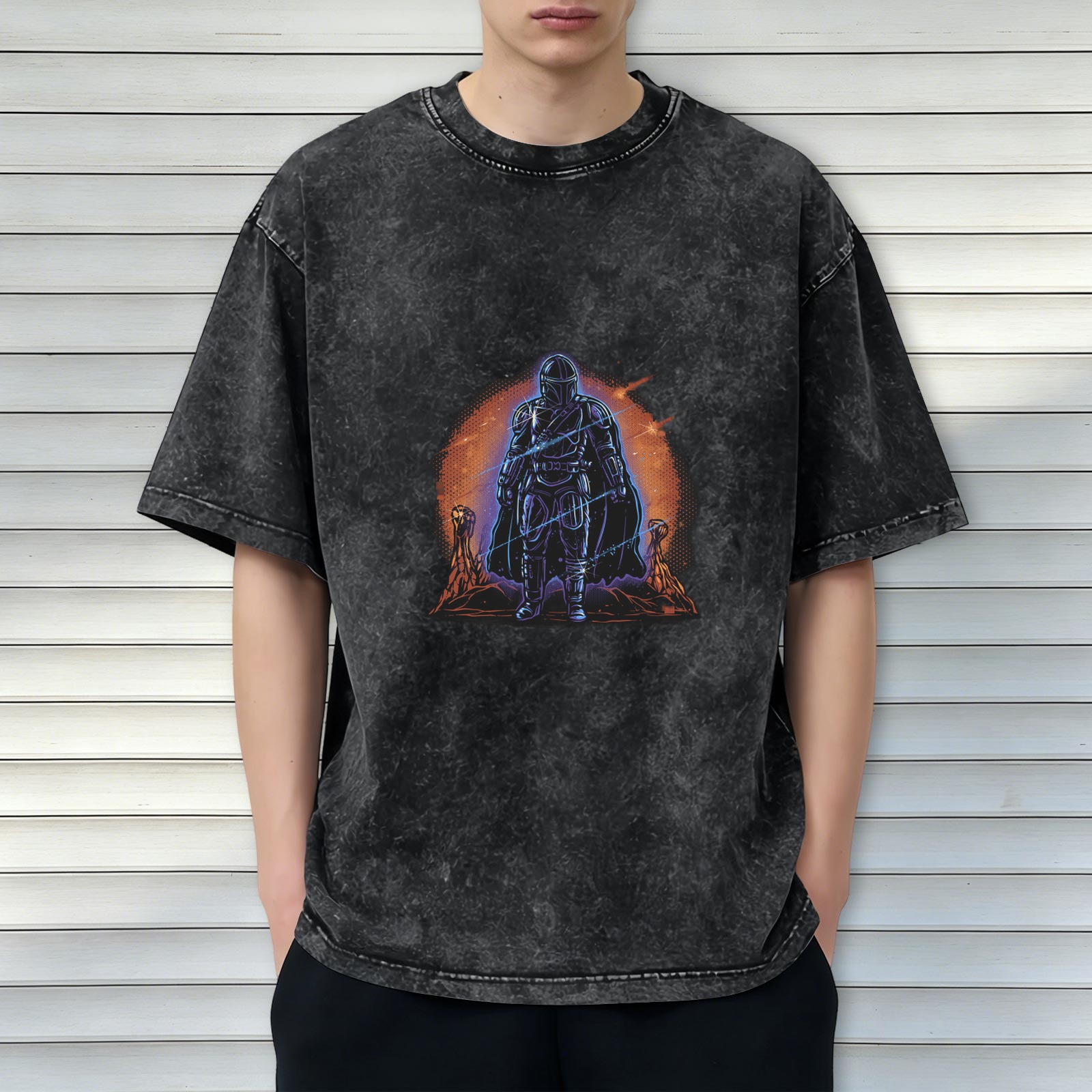 Washed Black T-Shirt With Sci-Fi Bounty Hunter Desert Print
