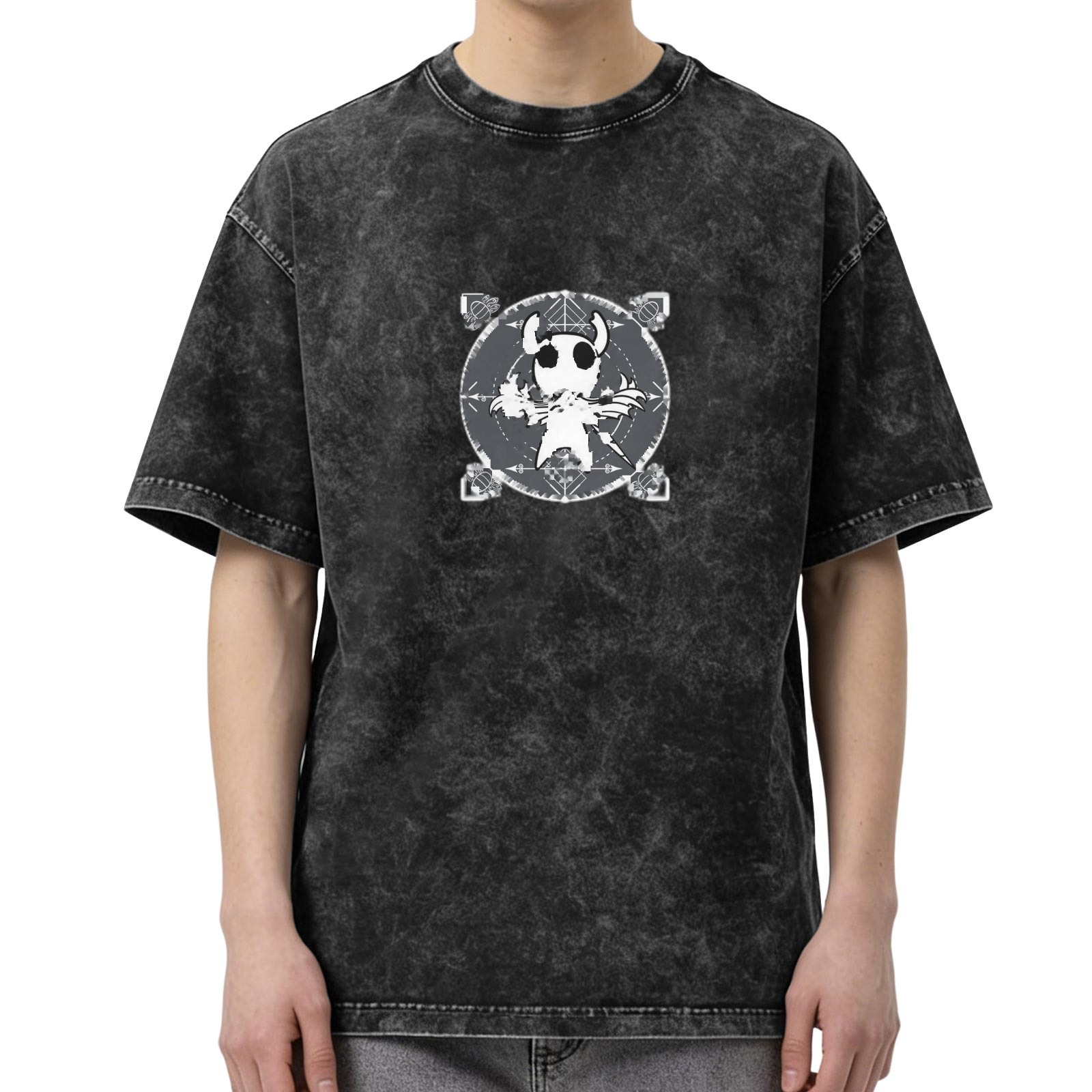 Hollow Knight themed distressed washed black loose short-sleeved T-shirt