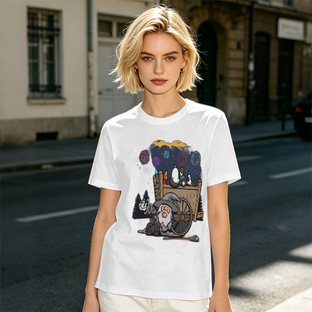 Olive T-Shirt with Wizard and Fireworks Cart Graphic