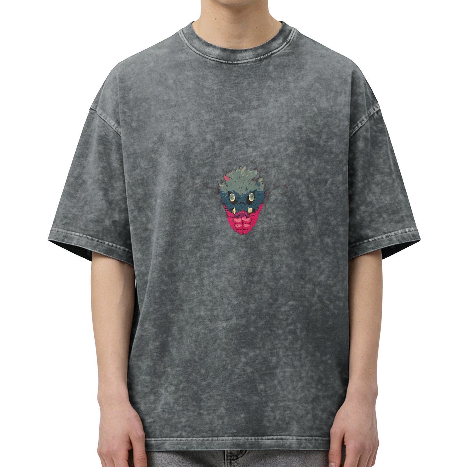 Oversized Acid Wash T-Shirt With Monster Face Graphic