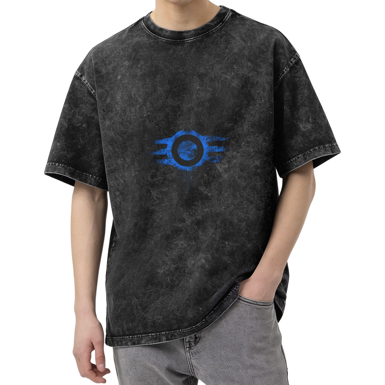 Washed Black Oversized T-Shirt With Blue Distressed Eye Graphic