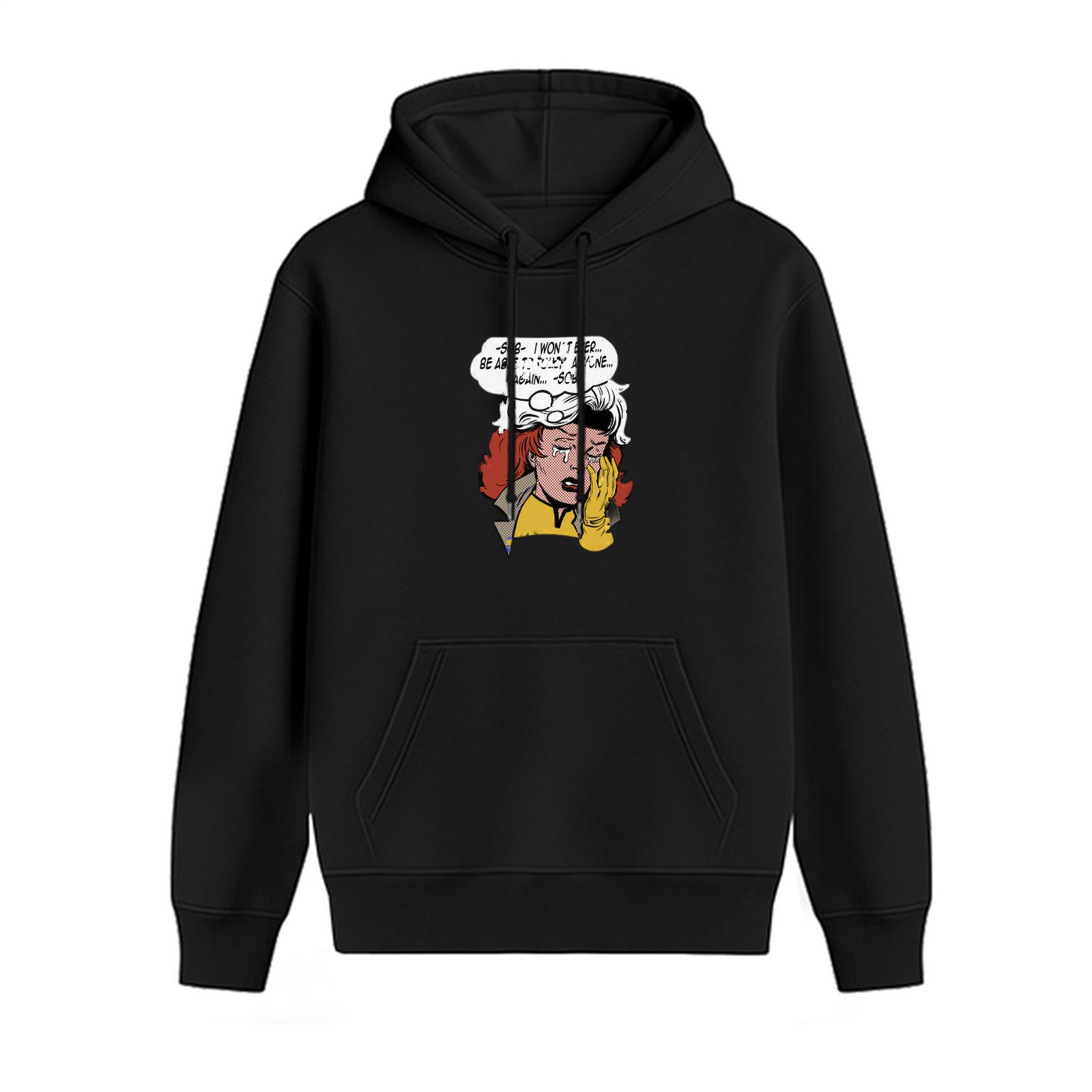 Black hoodie with crying comic book character graphic print