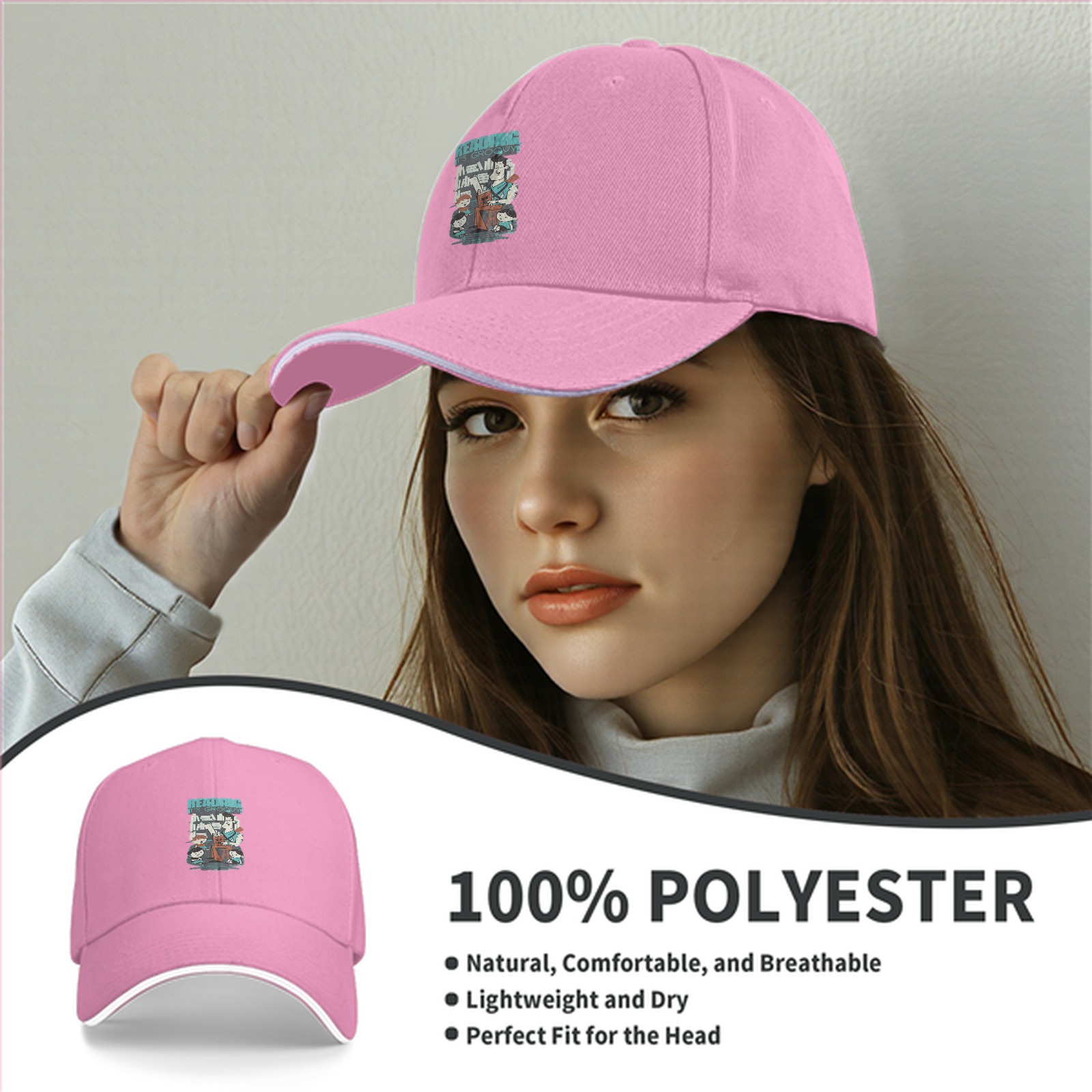 Black baseball cap with retro reading themed graphic print