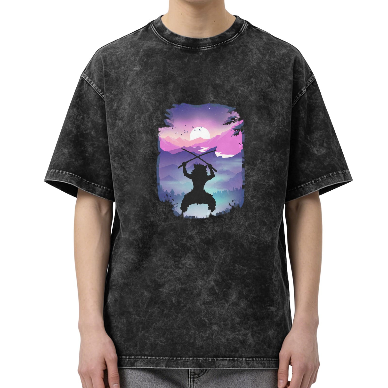 Washed Black T-Shirt With Anime Warrior Silhouette Mountain Sunset Print