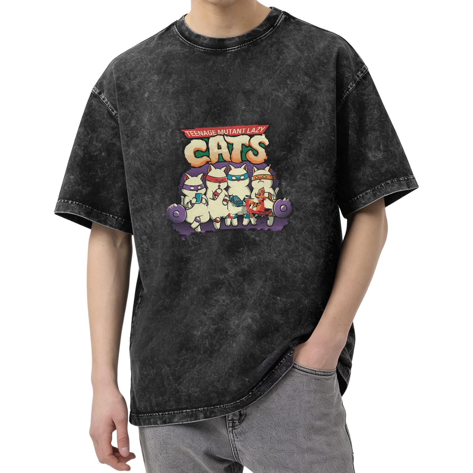 Teenage Mutant Lazy Cats Graphic Stonewashed Black T-Shirt
