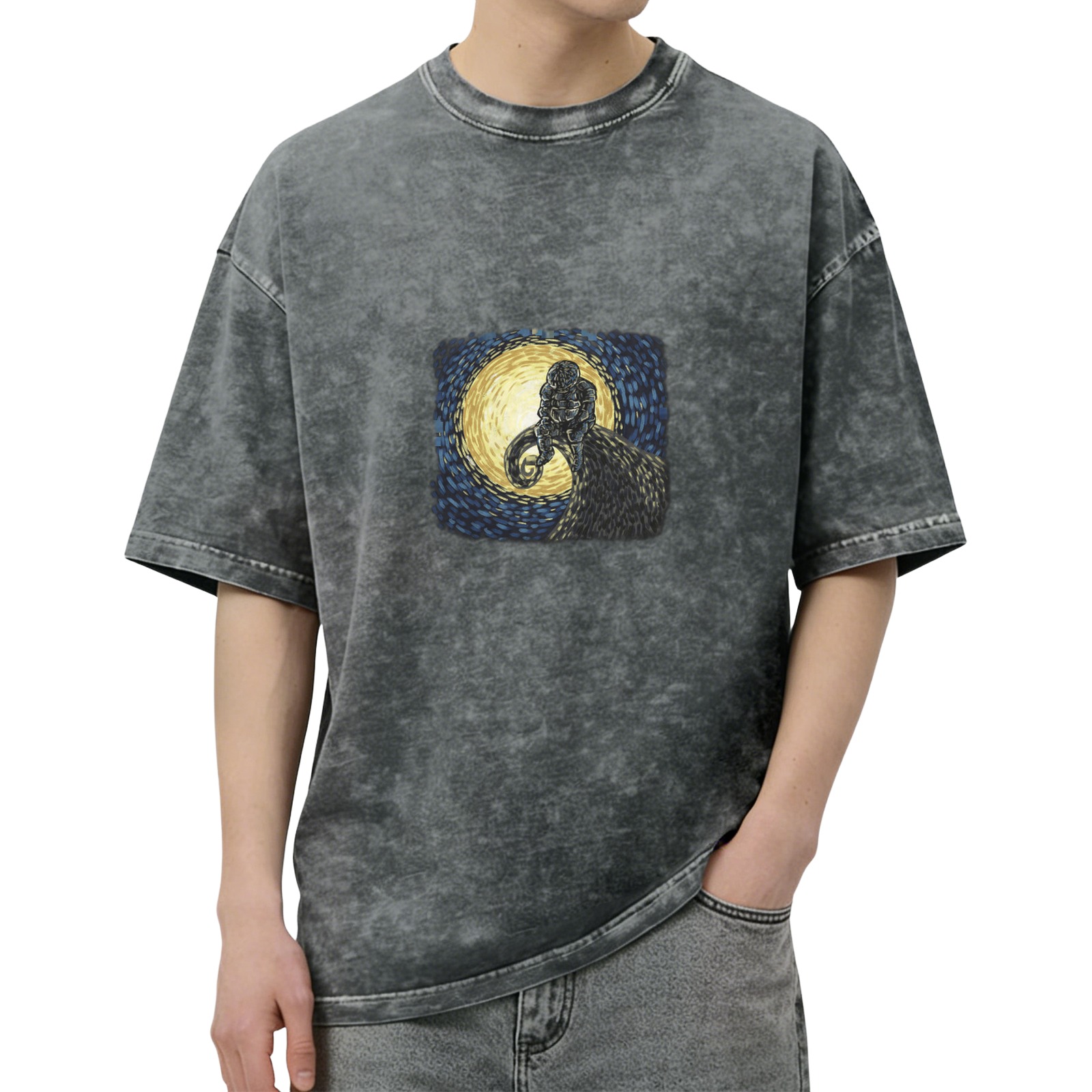 Washed Black Oversized T-Shirt with Ram and Starry Night Style Graphic