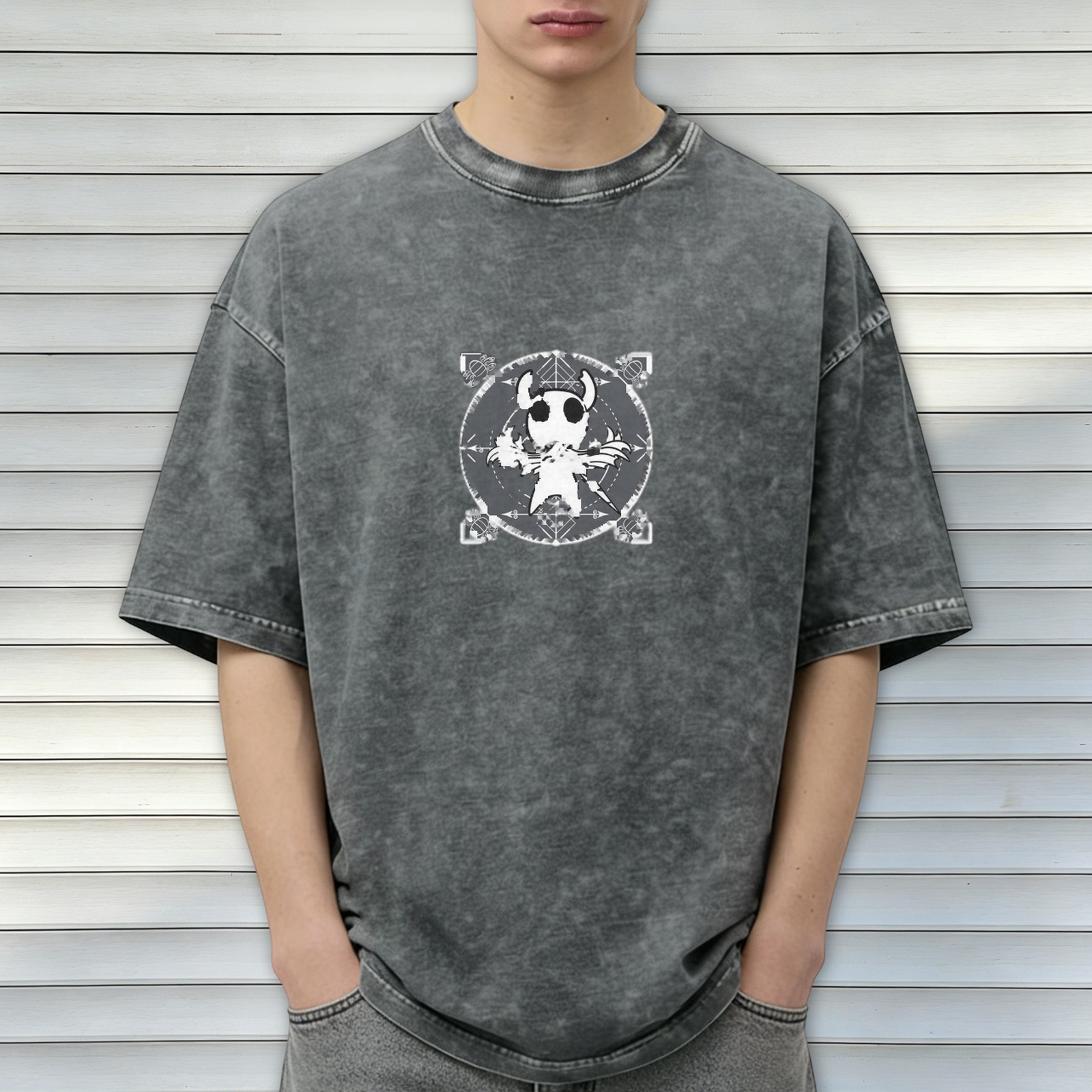 Hollow Knight themed distressed washed black loose short-sleeved T-shirt