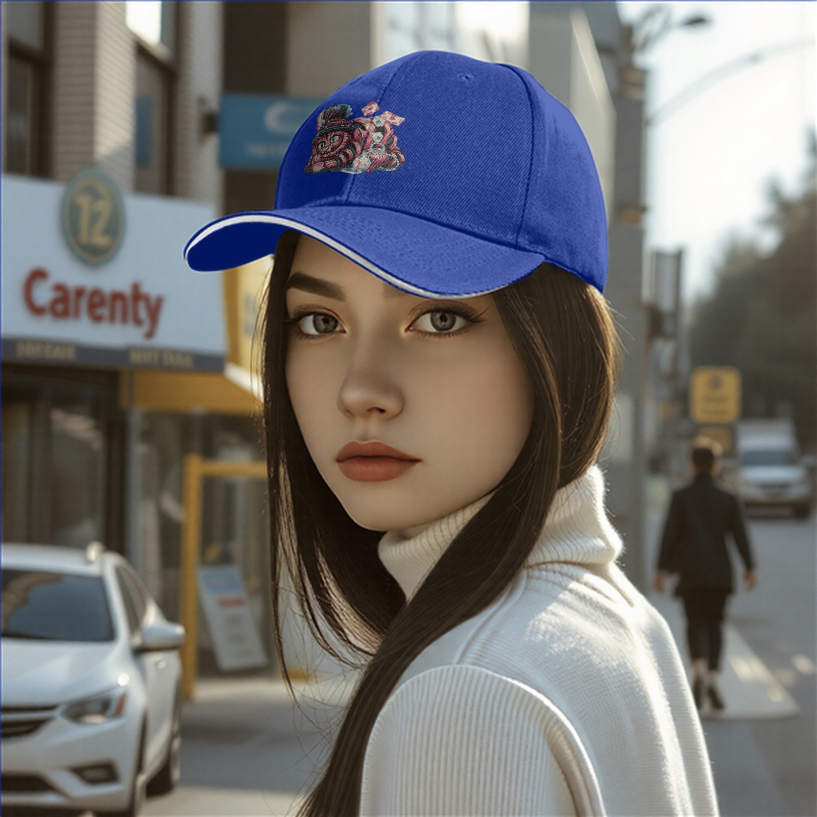 Black Baseball Cap with Whimsical Wonderland Cat Art Print