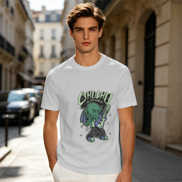 Olive T-Shirt Featuring Chibi Cthulhu Rocking a Guitar