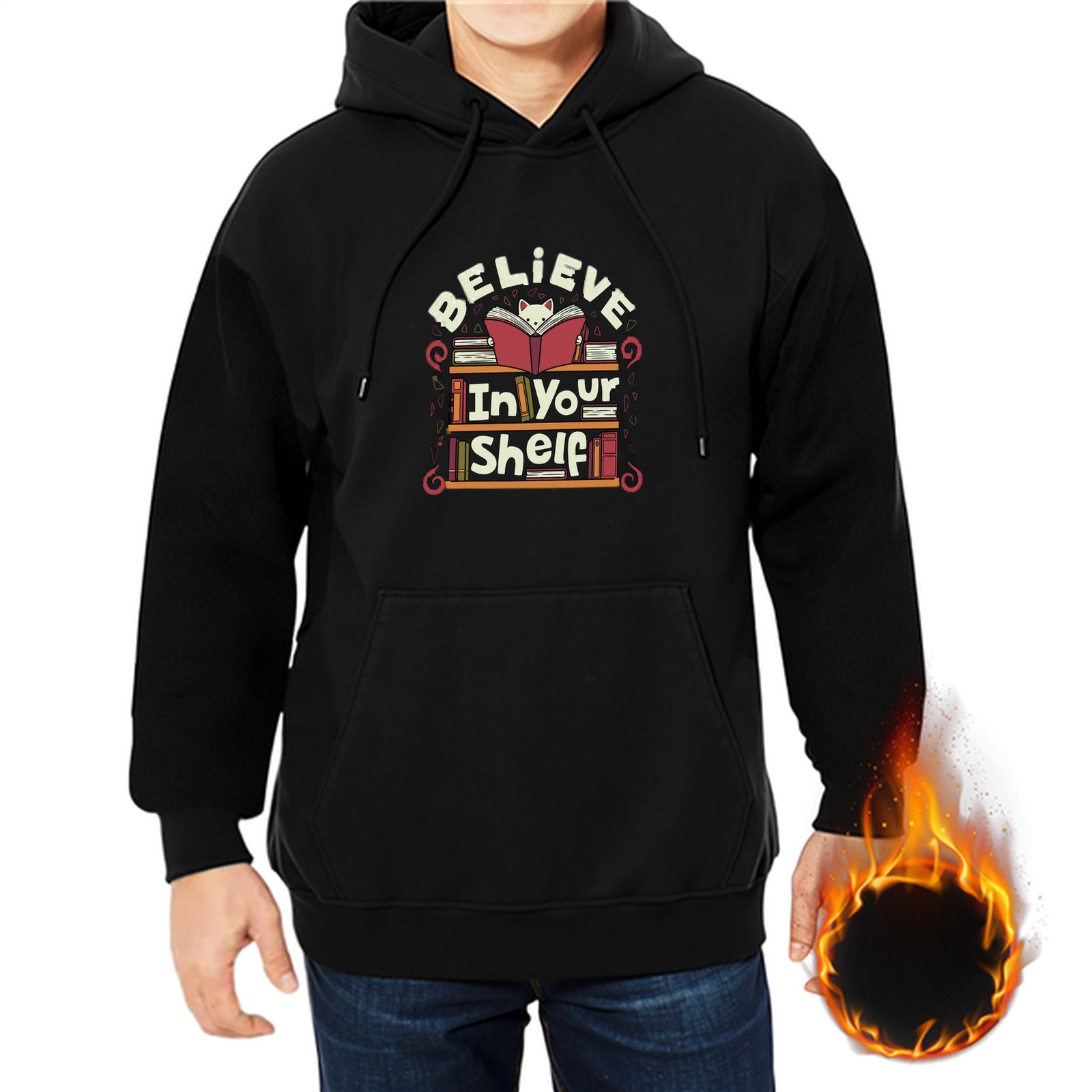 Black hoodie with 'Believe In Your Shelf' cat and book graphic