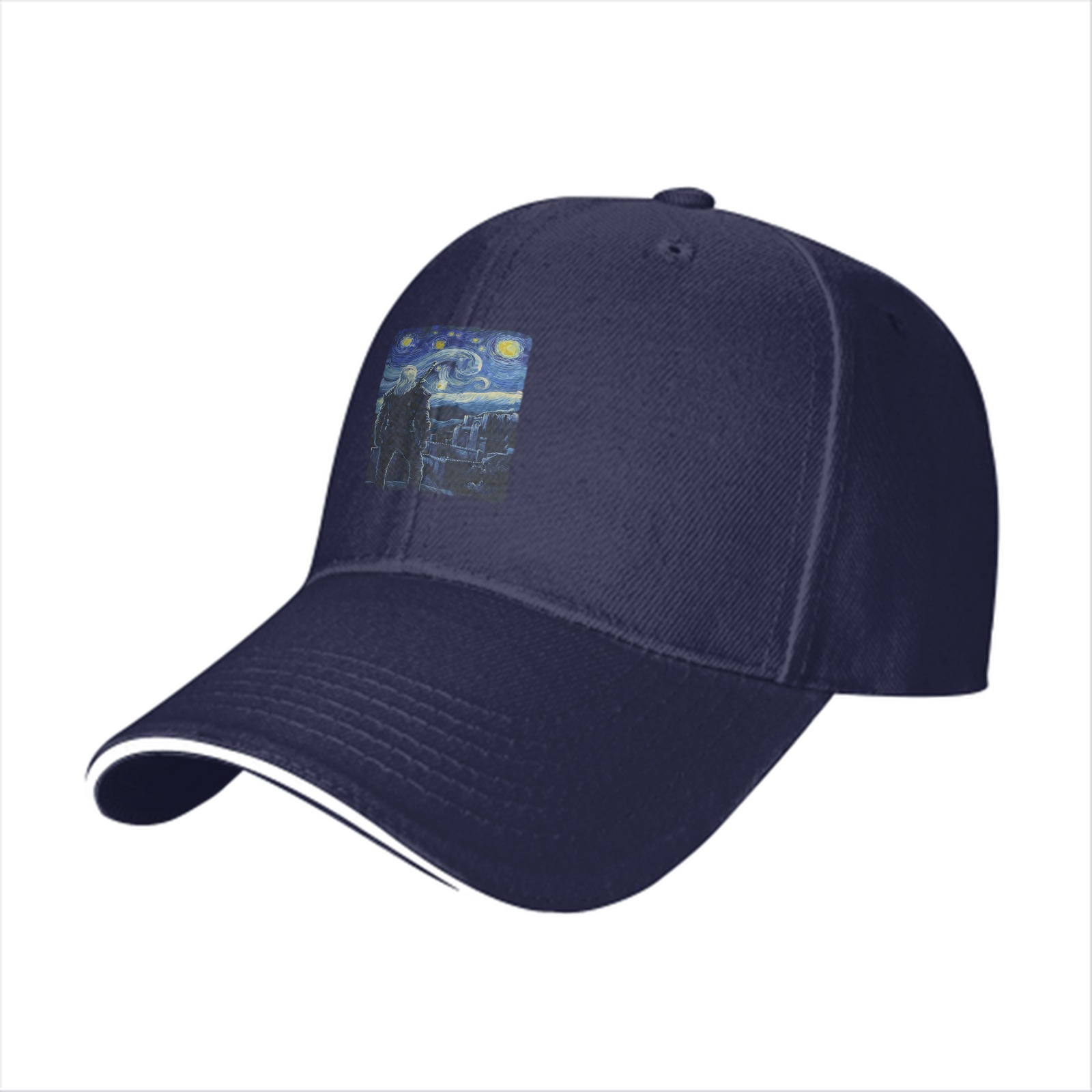 Black baseball cap with Starry Night inspired graphic print