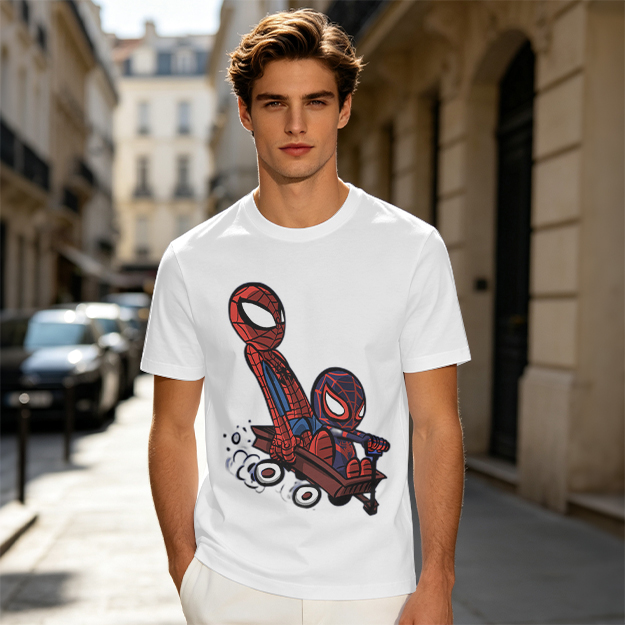 Olive T-shirt with Chibi Spider-Men Riding a Wagon Graphic