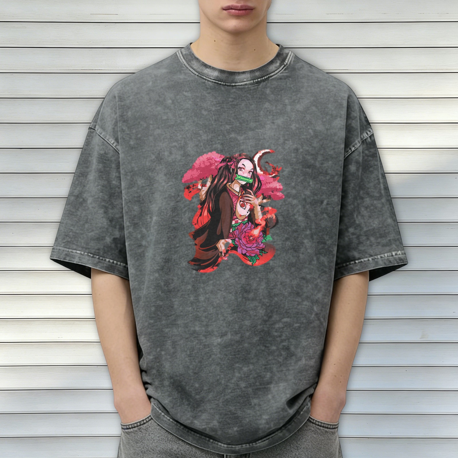 Anime Demon Slayer Nezuko Kamado Graphic Oversized Vintage Wash T-Shirt for Men
