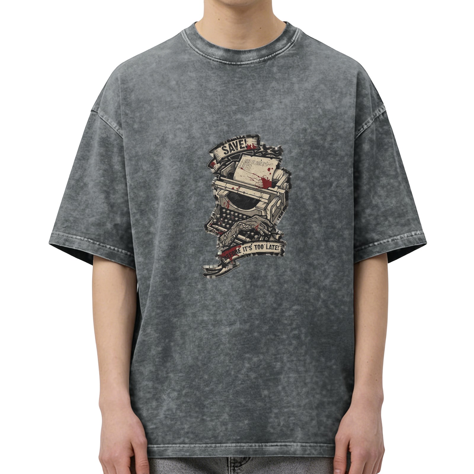 Distressed washed dark style typewriter printed short-sleeved T-shirt