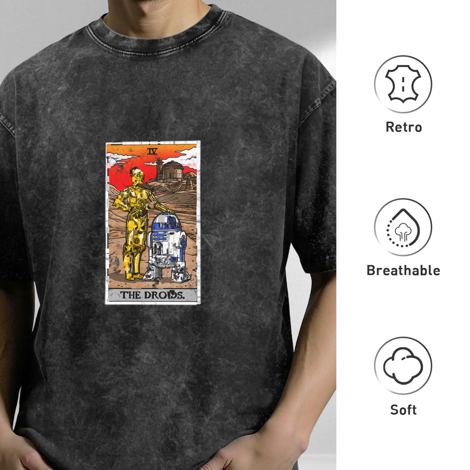 Star Wars The Droids Tarot Card Graphic Oversized Stone Wash T-Shirt