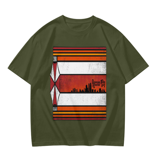 Olive T-Shirt With Retro Striped City Skyline Graphic Print