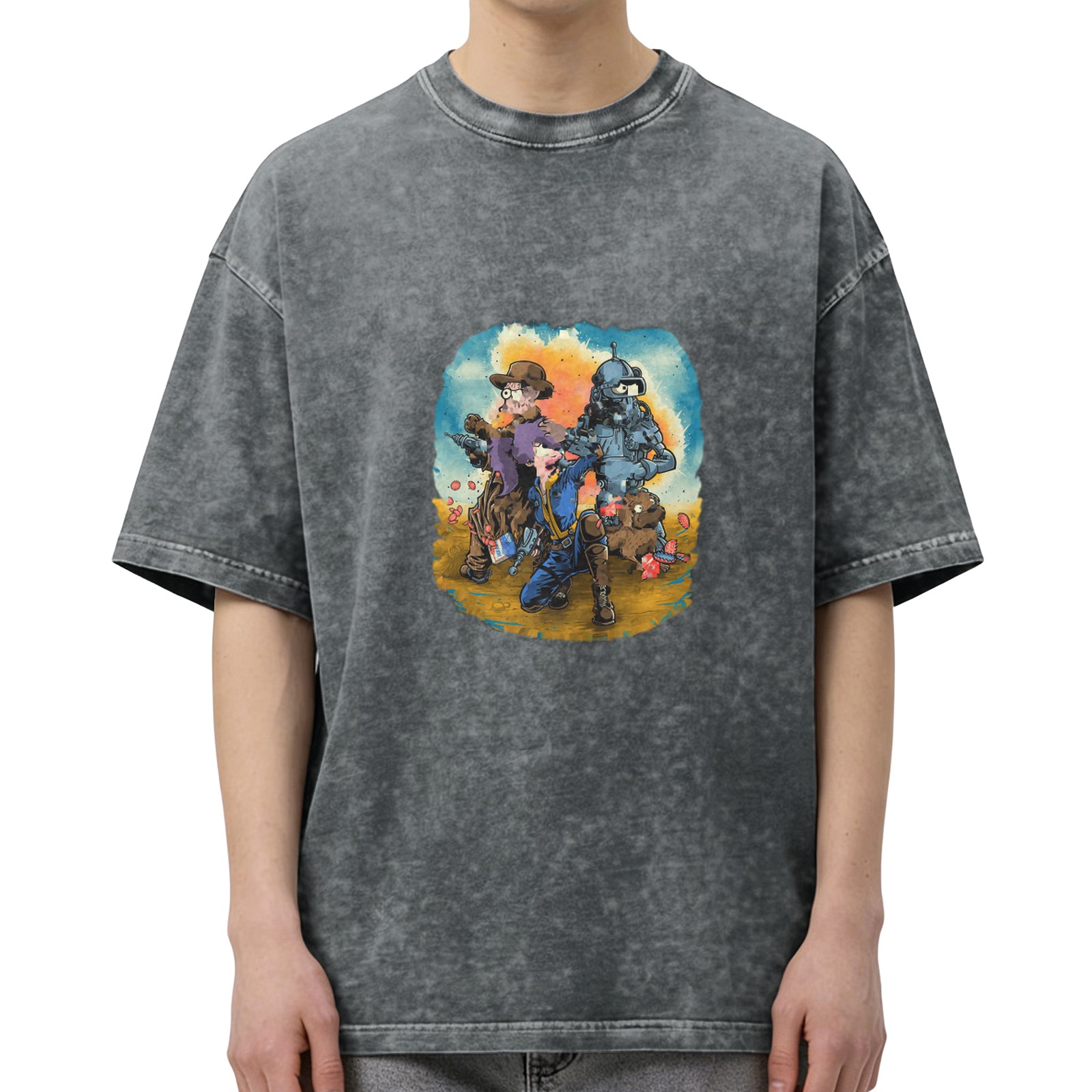 Vintage Washed Black T-Shirt with Fallout Themed Watercolor Graphic Print