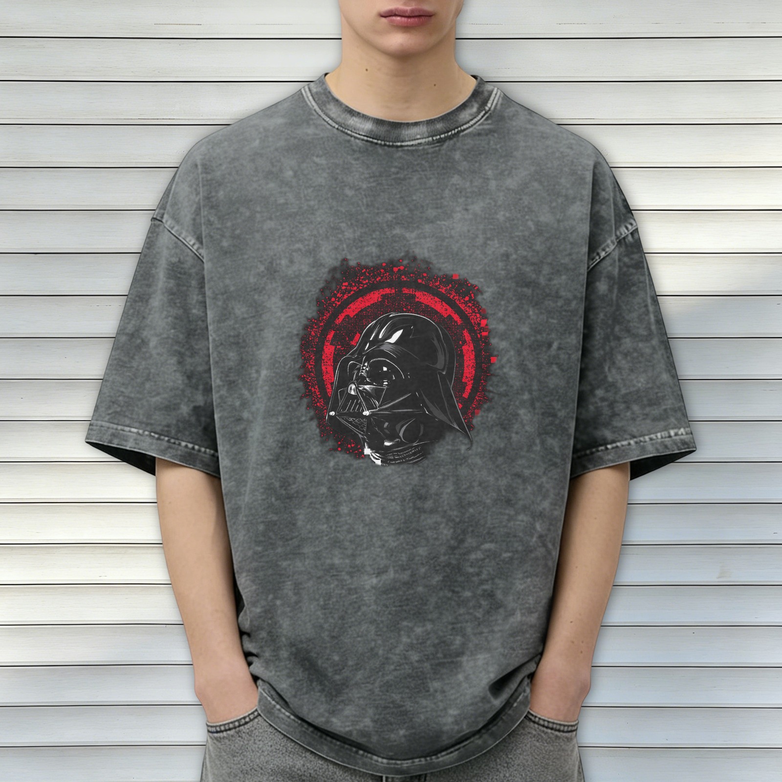 Darth Vader Helmet Graphic Acid Wash Black Cotton T-Shirt