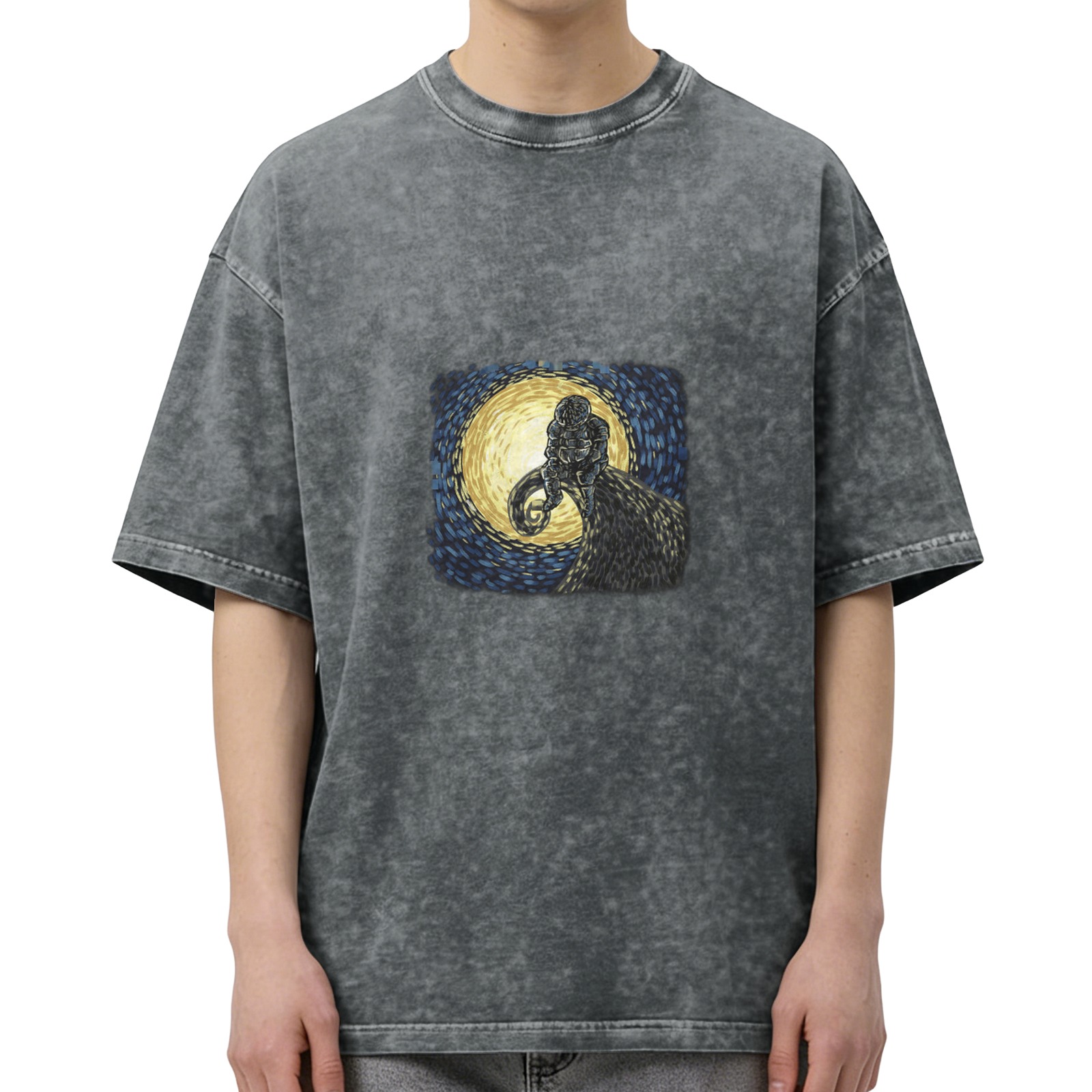 Washed Black Oversized T-Shirt with Ram and Starry Night Style Graphic