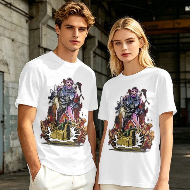 Olive T-shirt with Robot Villain and Tank Action Graphic