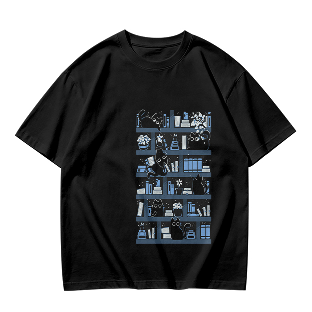 Olive Green T-Shirt With Black Cats On Bookshelves Graphic