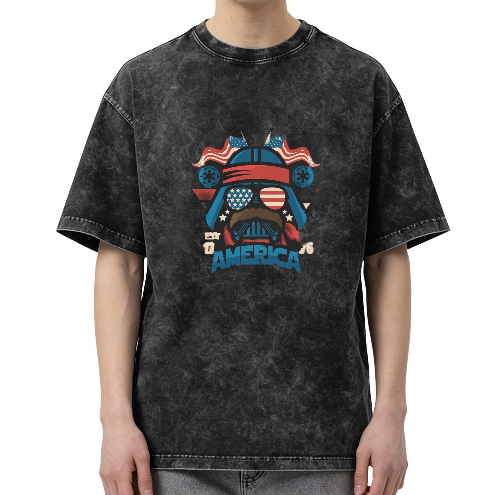 Oversized Vintage Wash T-Shirt with Patriotic Darth Vader Graphic Design