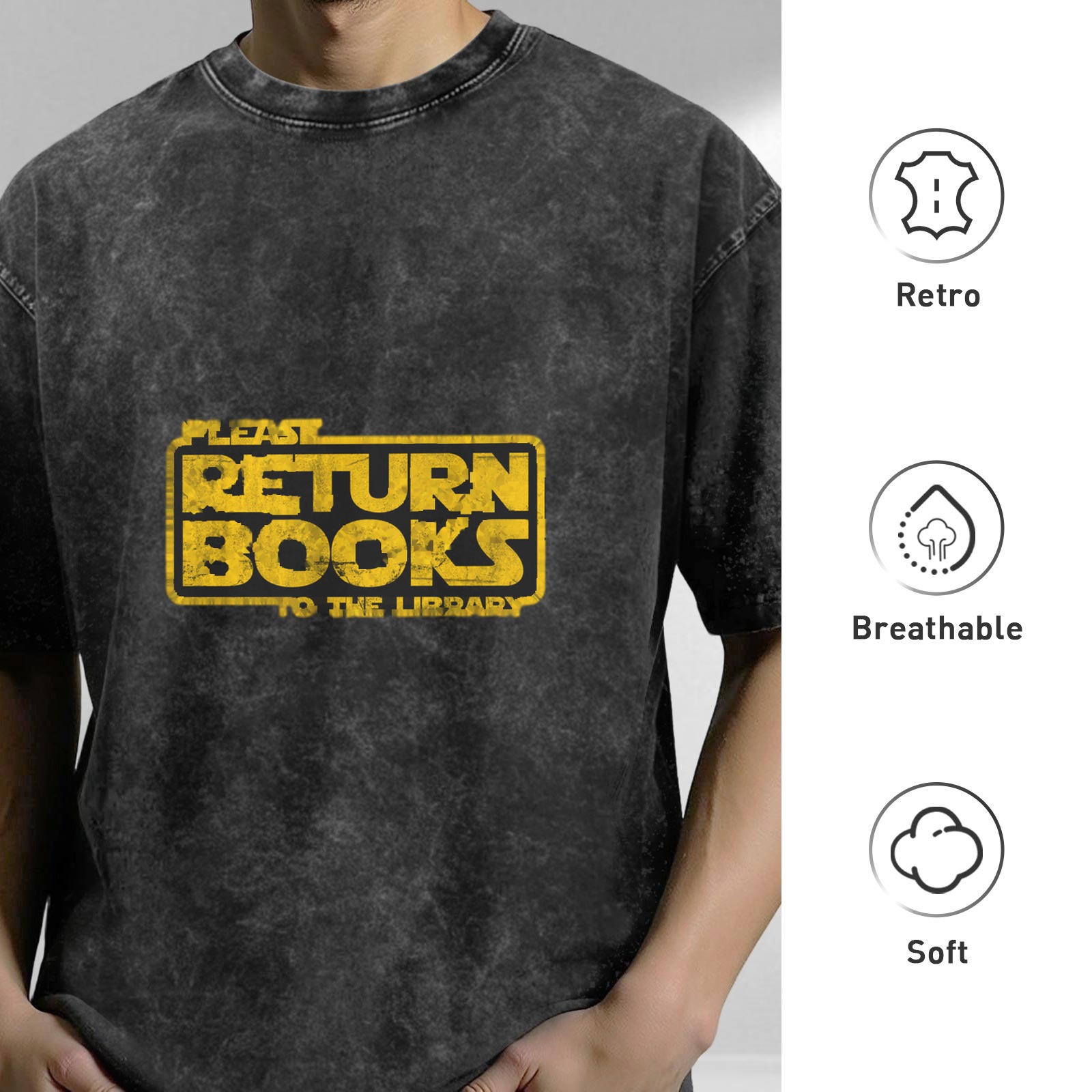 Washed Black T-Shirt With Star Wars Style Return Books Library Text