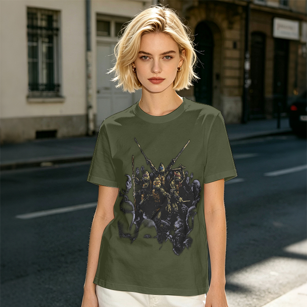 Olive T-Shirt with Fantasy Warrior Group Graphic Print