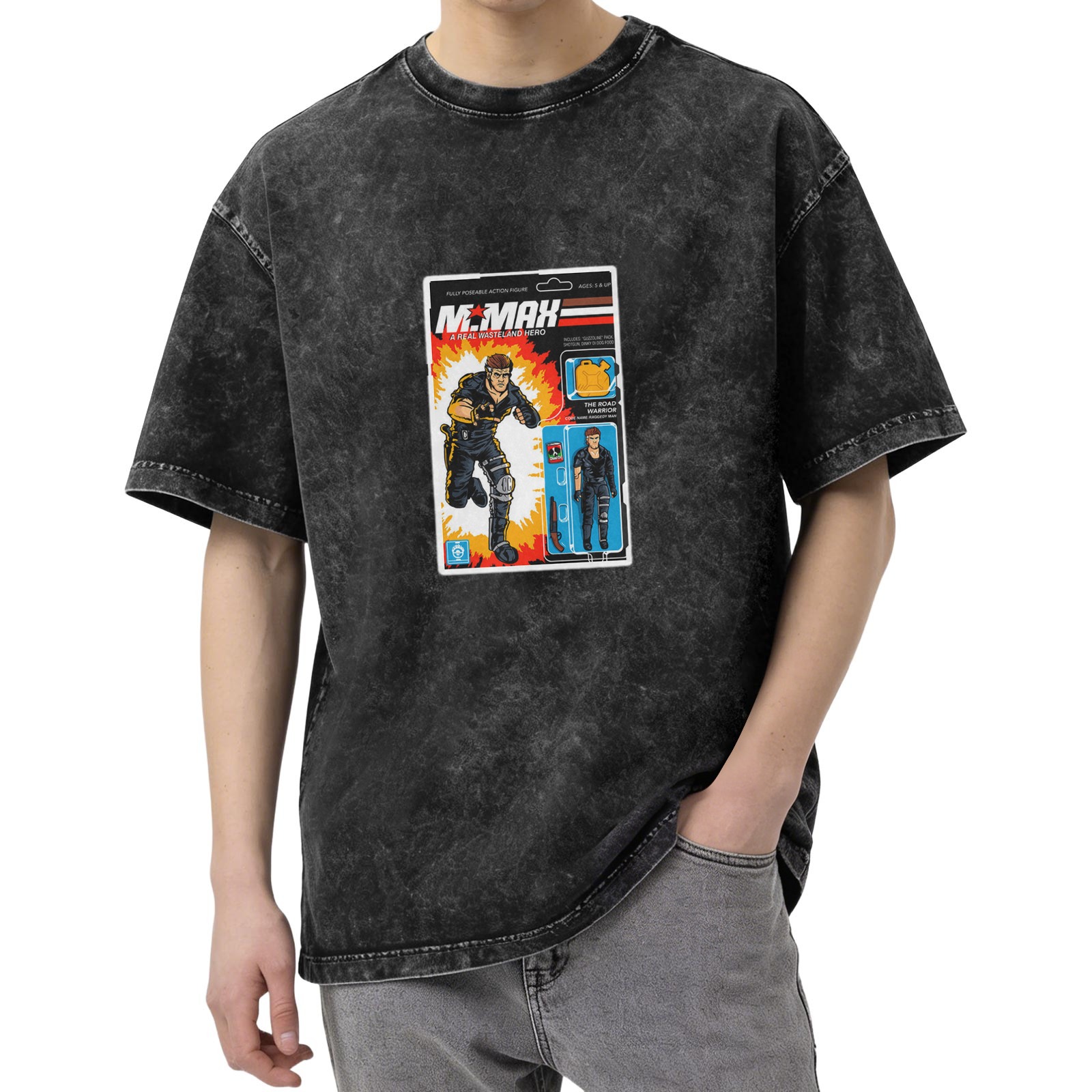 Washed Black T-Shirt with Retro Mr. Max Action Figure Graphic