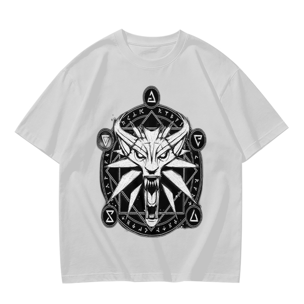 Olive T-Shirt With Witcher Wolf Medallion Magic Circle Print