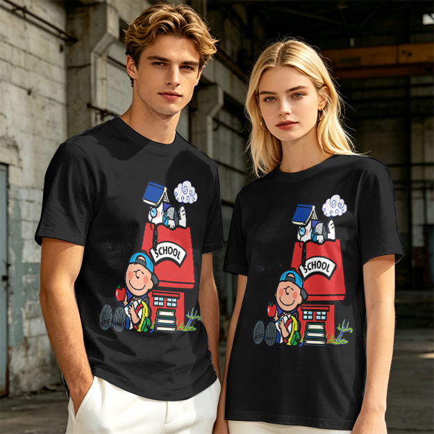 Olive T-shirt with Charlie Brown and Snoopy School Print