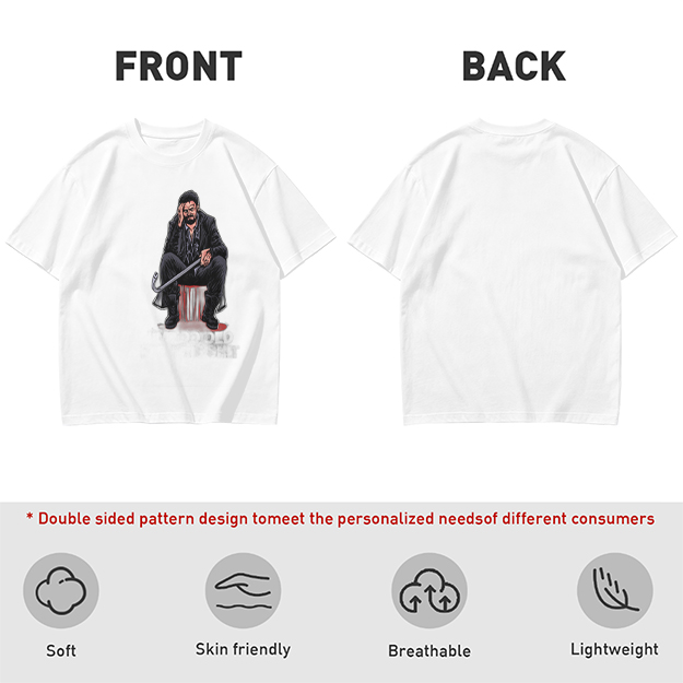 Olive T-shirt with seated bearded man holding crowbar graphic