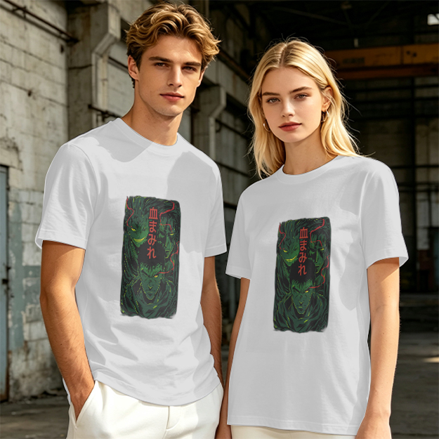Olive anime graphic t-shirt with three dark fantasy characters