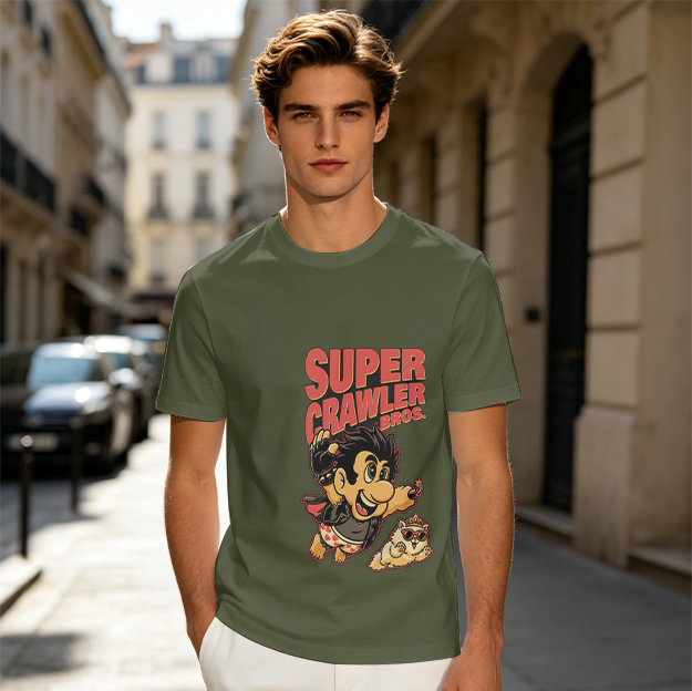 Olive Graphic T-Shirt with Super Crawler Bros. Punk Mario and Cat Print